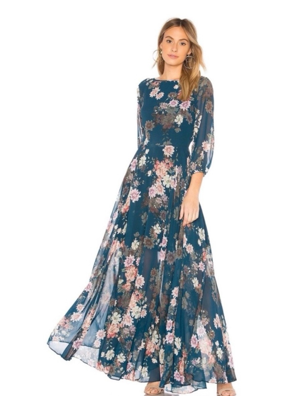 Yumi Kim Anthropologie Woodstock Maxi Dress navy blue floral 3/4 sleeves